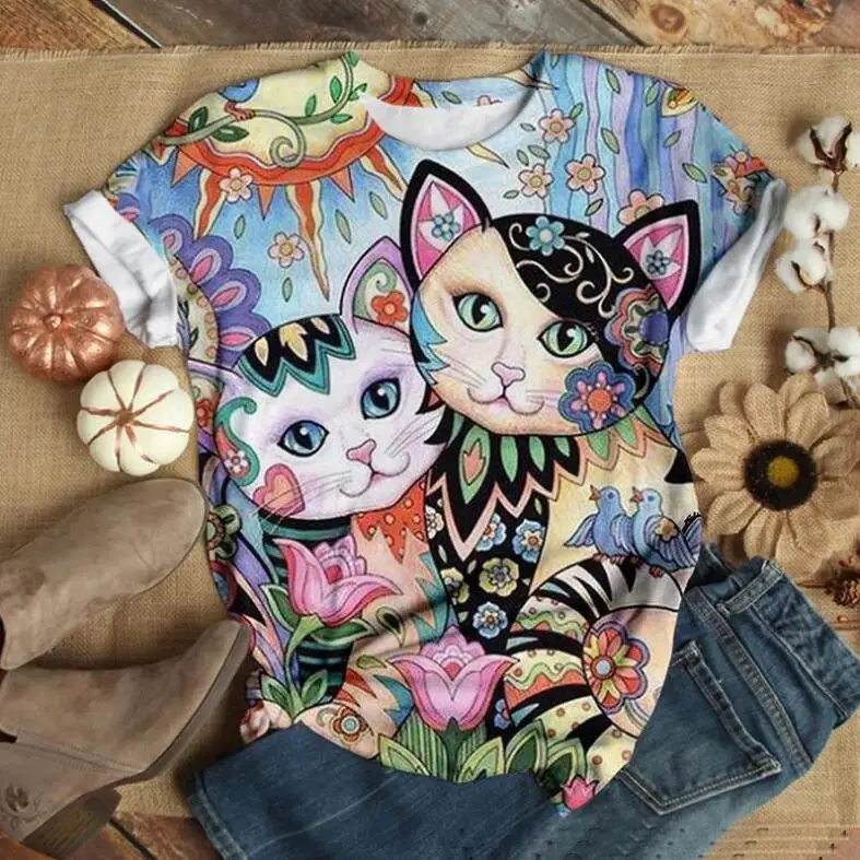 T-shirt imprimé hibou 3D pour femme, surdimensionné, décontracté, à manches courtes, motif chat, motif animal, Kawaii801_voghion.com