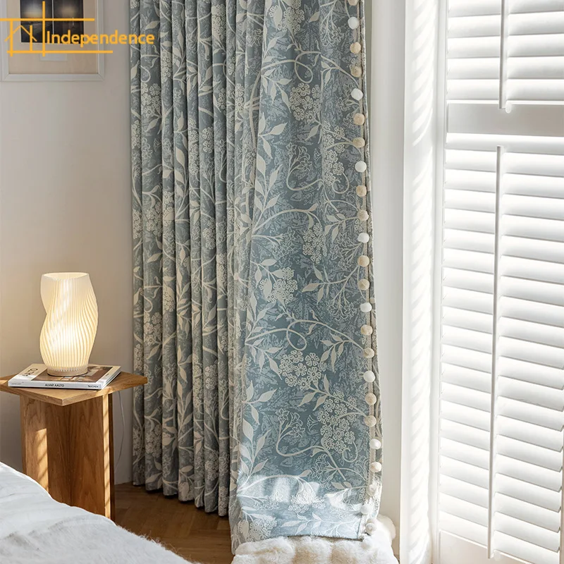 

Customized Blue Plant Jacquard Thickened Chenille Blackout Curtains for Living Room Bedroom French Window Balcony Bay Window