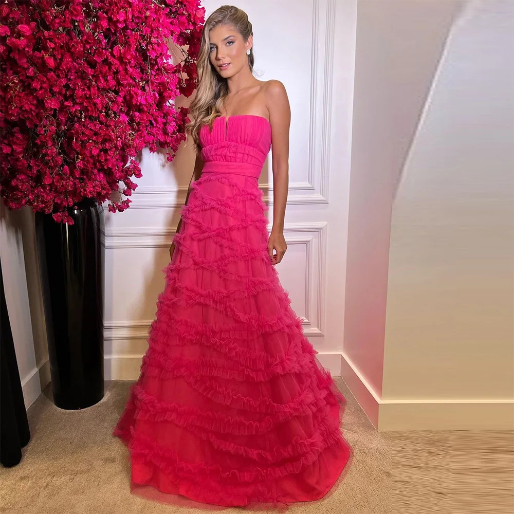 

Sevintage Fuschia Tiered Ruffles Tulle Prom Dresses Sleeveless A-Line Pleat Ruched Evening Gowns Special Occasion Gown 2023