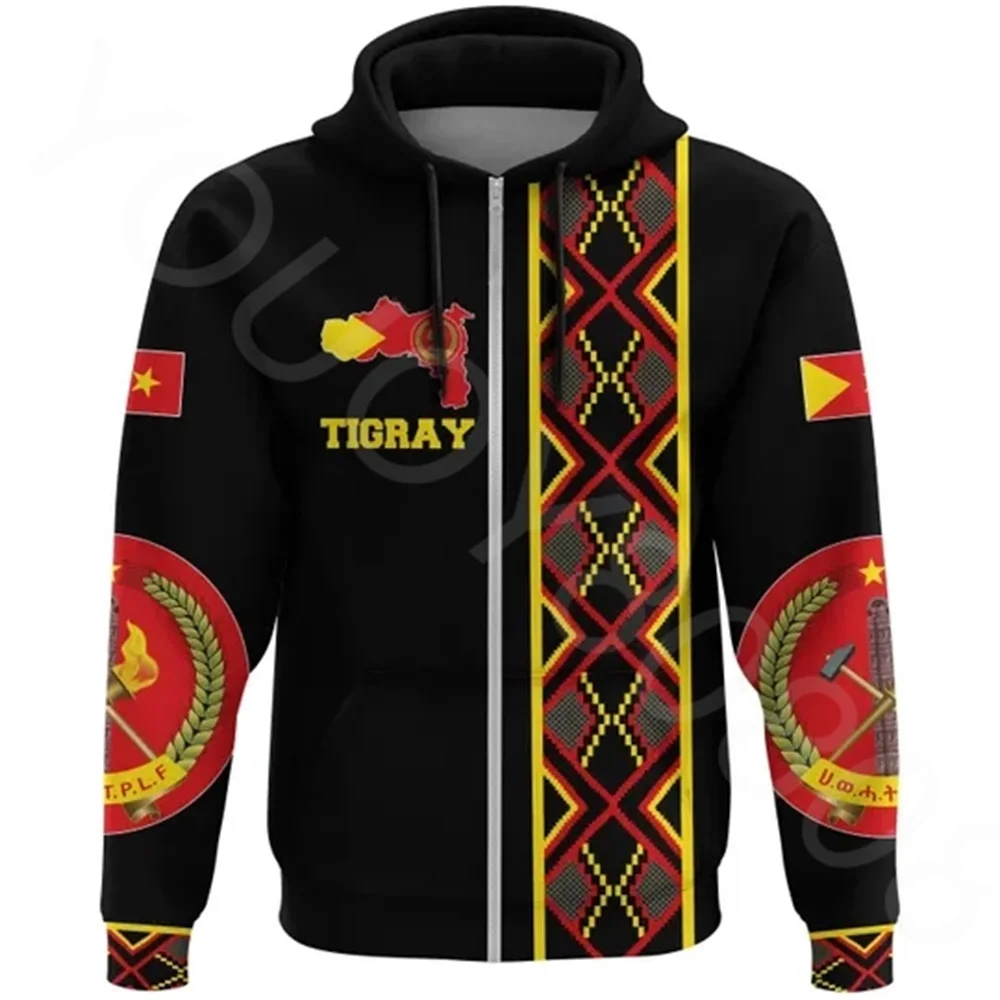 

African Region Hoodie New Mens Apparel Casual Fall Winter Personalized 3D Printed Tigray Map Africa Pattern Black Zip Hoodie