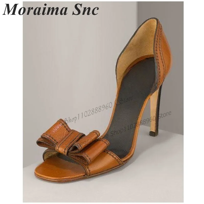 

Brown Leather Bow Knot Decor Retro Style Sandals Stilettos High Heel Shoes For Women Slip-On Peep Toe 2023 Zapatos Para Mujere