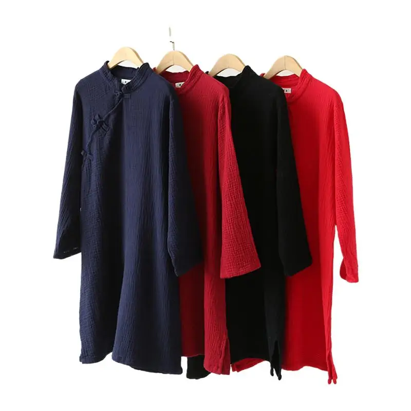 

Женские осенние длинные платья из хлопка и льна, однотонное платье с воротником-стойкой и длинным рукавом, лето 2024, Свободные повседневные платья стандартной длины