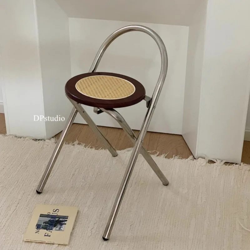 Folding Chair Solid Wood Rattan Woven Backrest Chair Household Folding Stool Antique Stainless Steel Dining