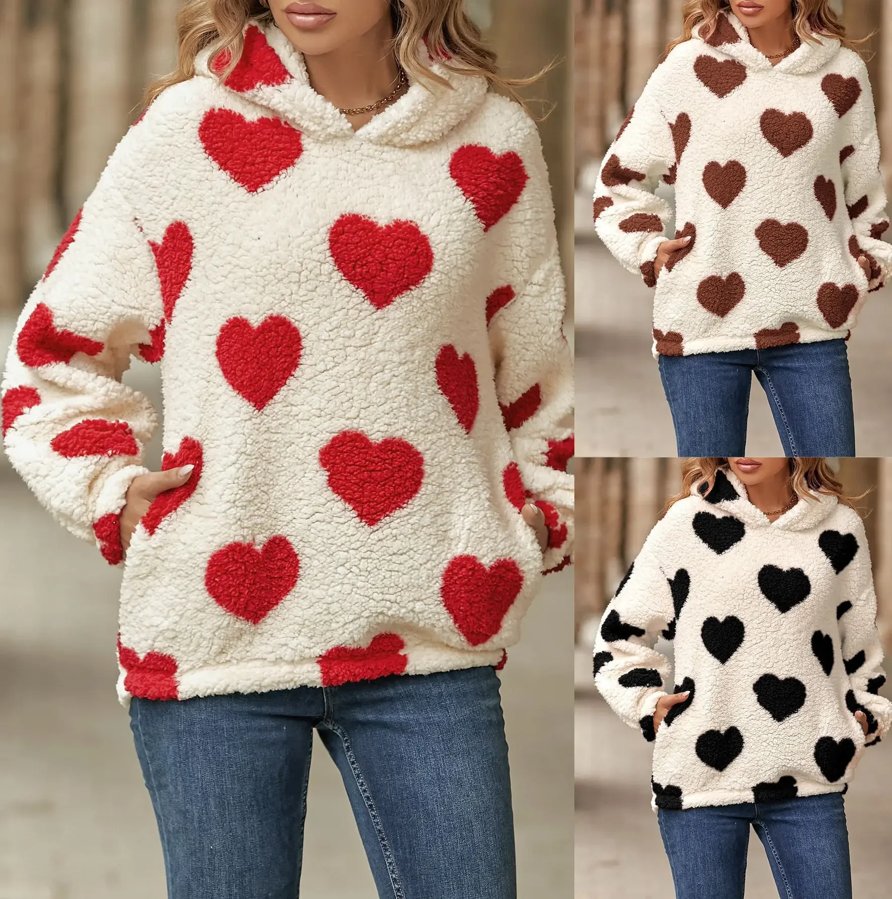 

Love Print Plush Coat Fashion Pullover Hoodie Jacket for Women 2023 Winter Loose Fluffy Overcoat Warmth Coat Women Winter Jacket