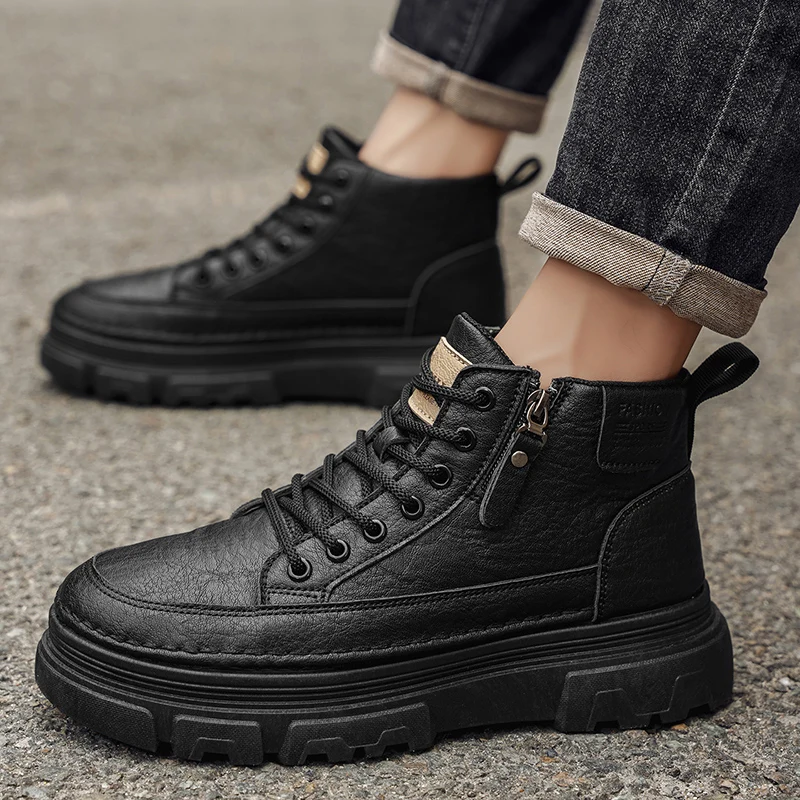 Men Boots Autumn Leather Waterproof Mid-top Sports Shoes New Fashion Ankle Boots Casual Outdoor Hiking Boots Shoes Male Sneakers - 6