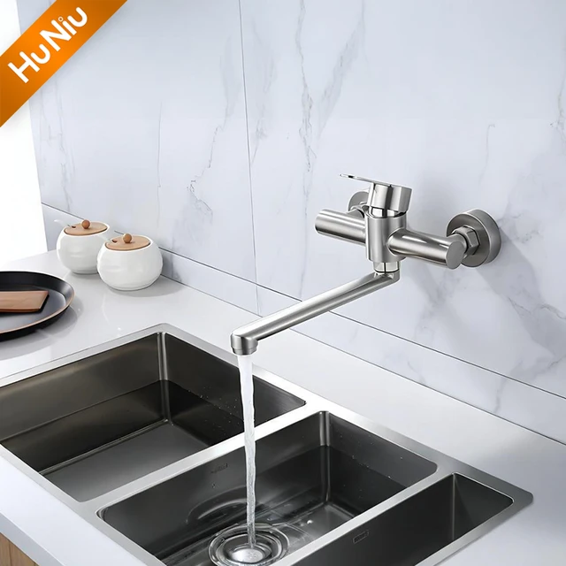 HuNiu Gold ก๊อกน้ําห้องครัวสแตนเลส 304 ก๊อกน้ําติดผนังห้องน้ําก๊อกน้ําหมุนก๊อกน้ําห้องครัวปกปิดก๊อกน้ําสีดํา 6
