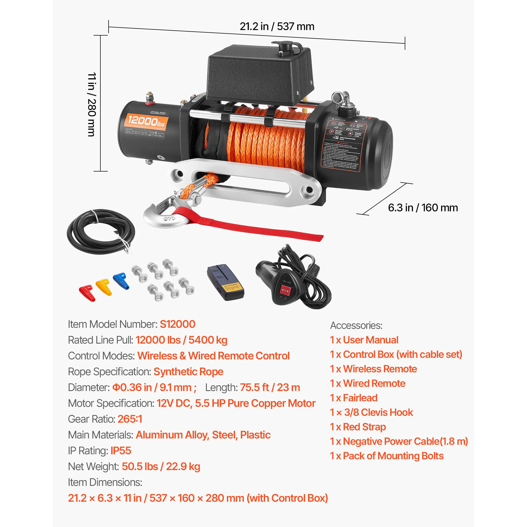 12000LBS 12V Electric Winch 75.5ft Synthetic Rope Wireless Wired Remote Truck Ca