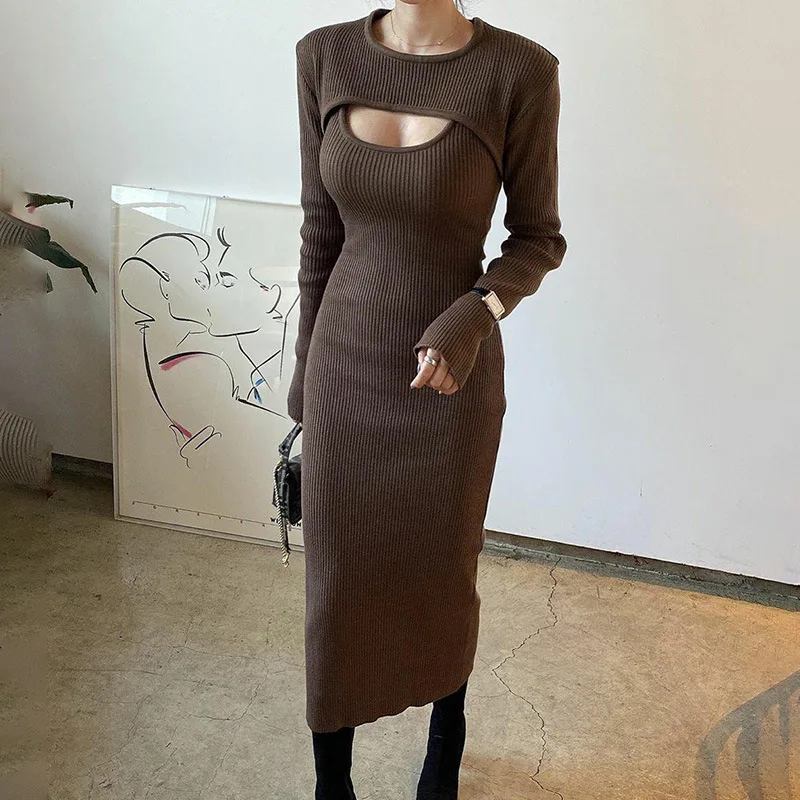 

Black Sexy Hollow Out Sweater Dress Party Club Midi Dresses Chic Sling Dress with Shawl Casual Solid Rib Long Sleeve Streetwear