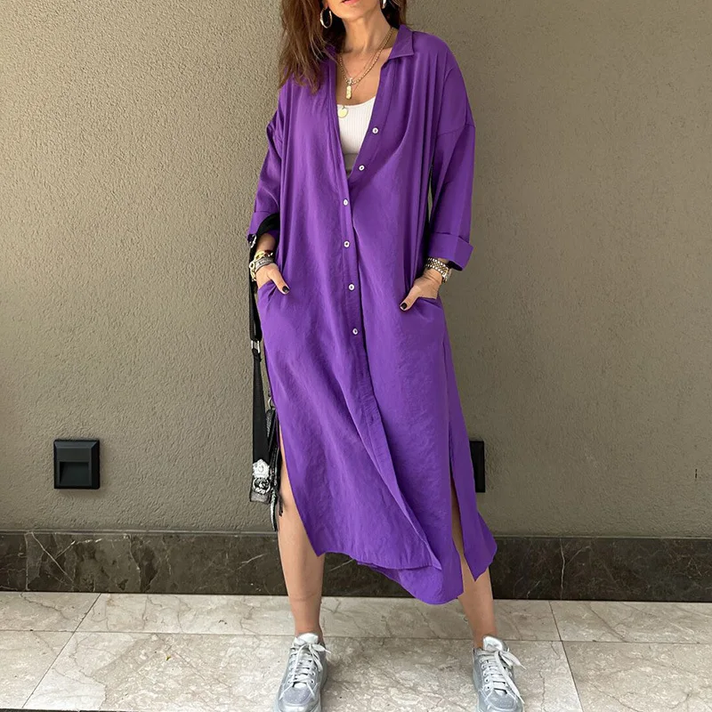 

2023 new loose single breasted long dress shirt, is lazy partner temperament dress