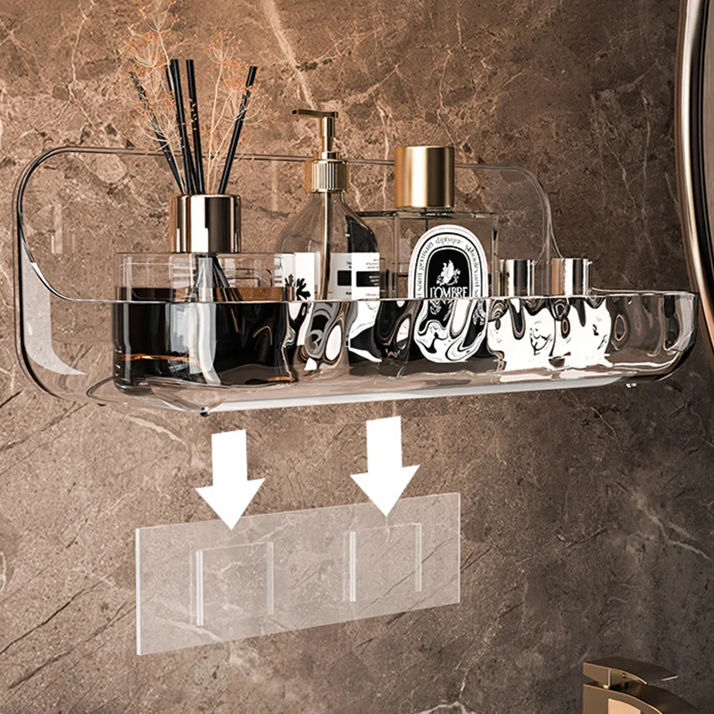 

Acrylic Transparent Storage Rack Bathroom Wall Mounted Punch Free Cosmetic Storage Tray Makeup Organizer Bathroom Kitchen Shelf