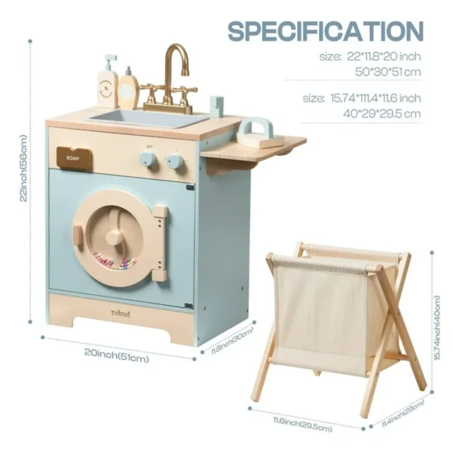 8954-e6dbfa.jpg Robotime Robud Kitchen Washer Playset Pretend Play Toy Washing Machine with Clothes Basket Iron and Sink for Kids Age 3+Blue