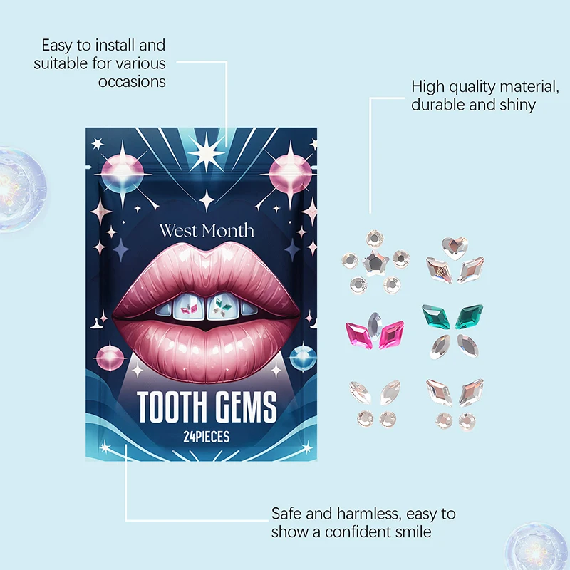 24개 치아 장 크리스탈 다이아몬드 장식품 DIY 도구 다양한 모양과 색상의 치아 보석 틀니 아크릴