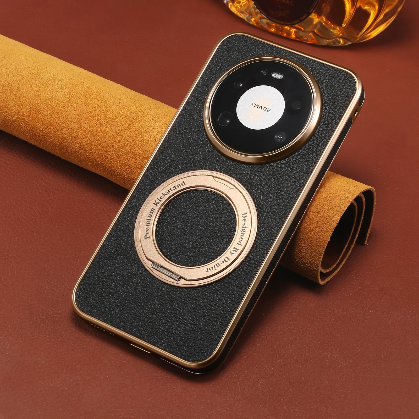 Denior Litchi Grain Faux Leather Phone Case with 360° Rotating Stand Holder