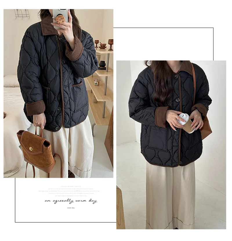 Short Down Cotton Jacket Women 2025 New Contrasting Color Lapel Diamond Grid Lightweight Loose Cotton Clothes Female Outerwear