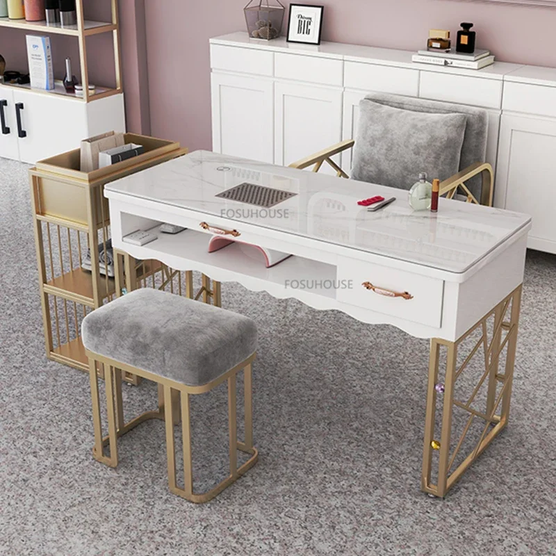 Nordic Wrought Iron Nail Tables For Commercial Furniture Nail Station Light Luxury Upscale Multifunction Marble Manicure Tables