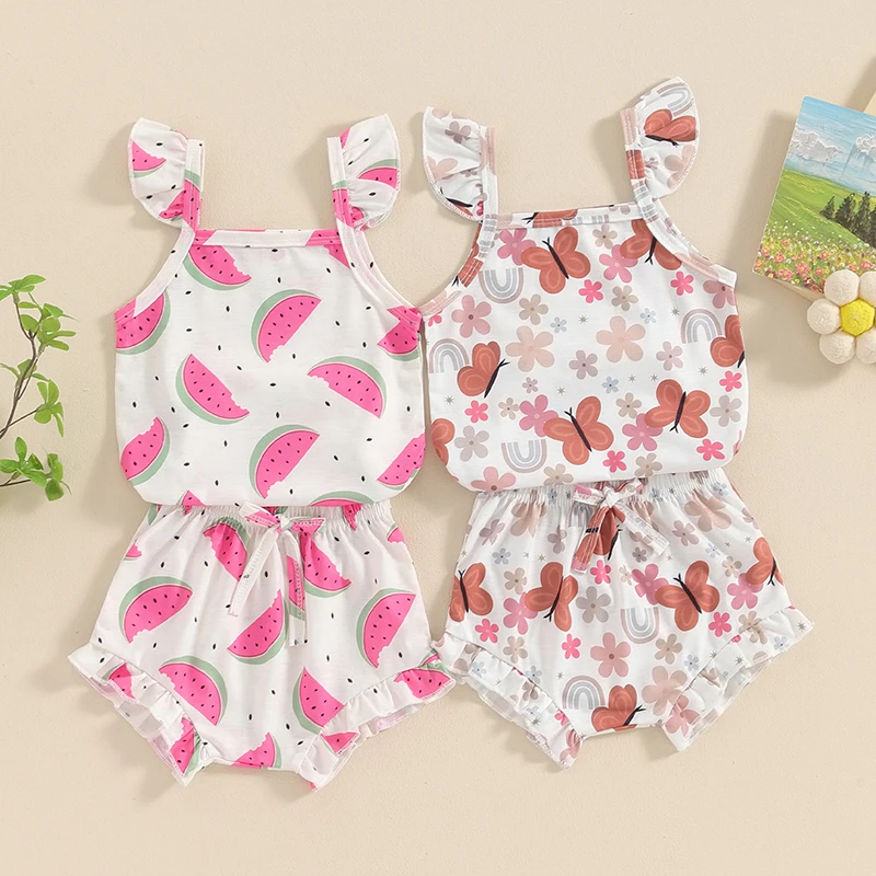 

0-24M Newborn Baby Girls 2Pcs Summer Outfits Sleeveless Watermelon/Floral Print Strap Romper Tops + Shorts Set Infant Clothes
