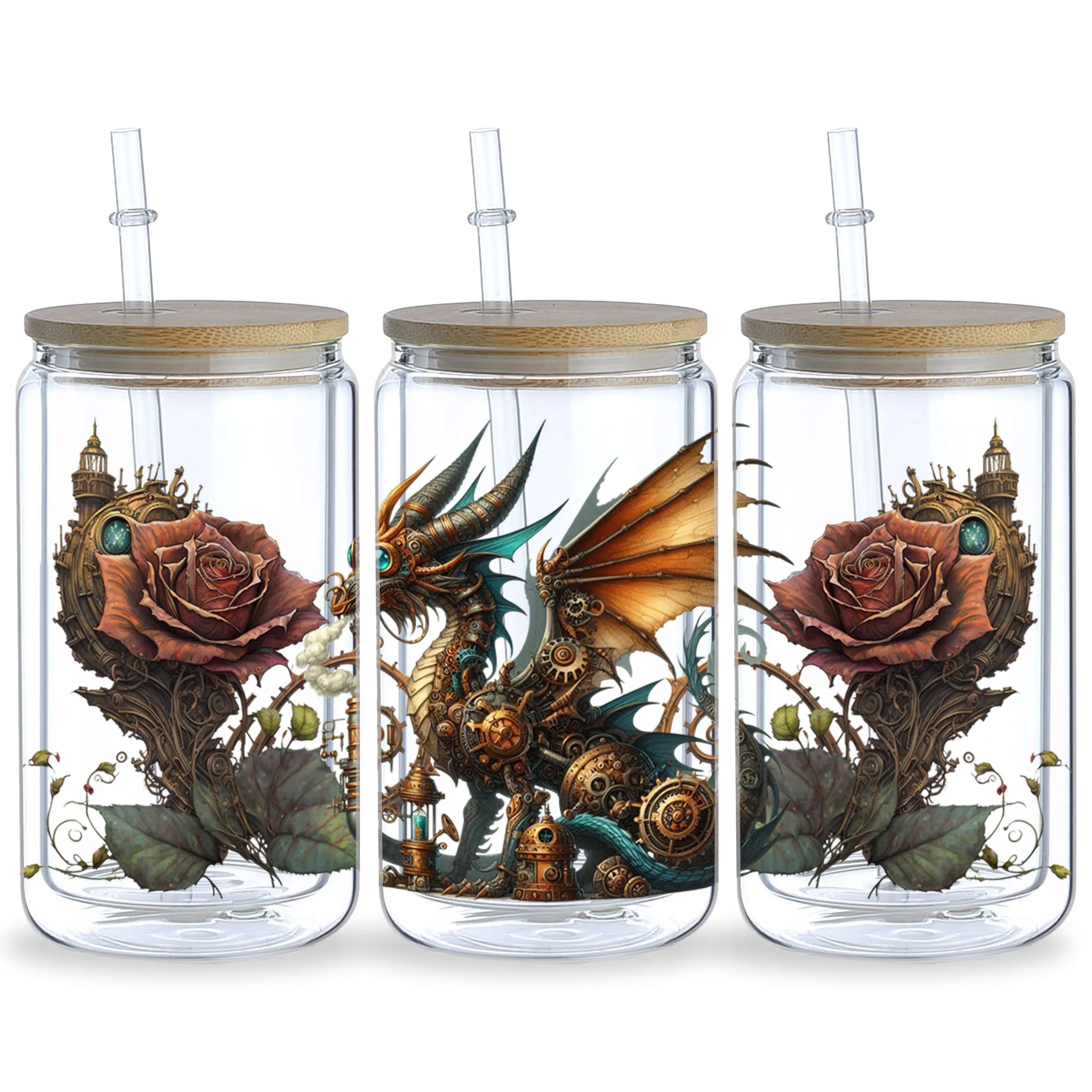 Steampunk Dragon Pattern UV DTF Cup Stickers 5sheets Waterproof Sticker Pack For Decorating Mugs Cups Bottles School Supplies