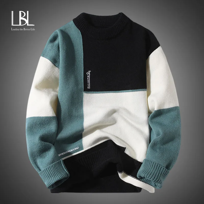 

Autumn Winter Warm Mens Sweaters 2023 Fashion Round Neck Patchwork Pullovers New Korean Streetwear Sweater Casual Men Clothing