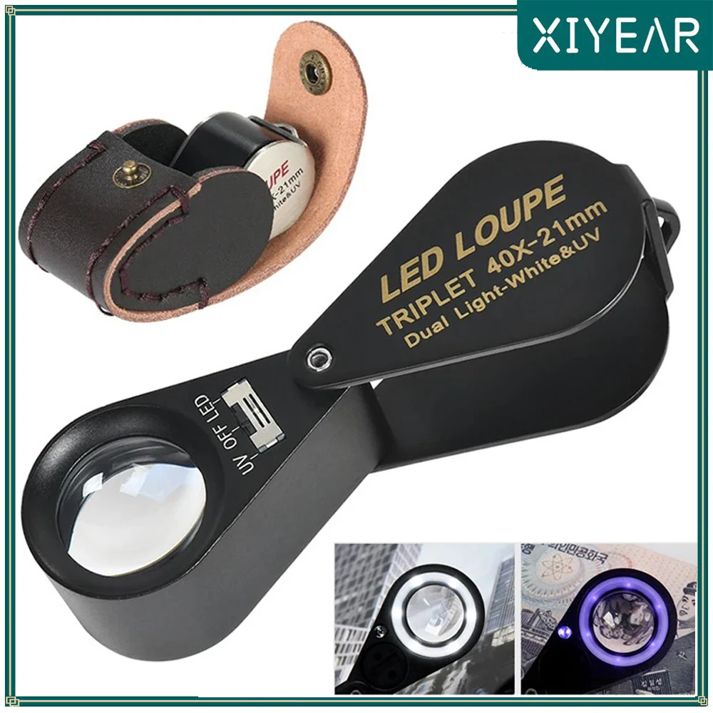 

40X Handheld Magnifier With 6 LED 7 UV Lights Metal Jeweler Magnifier Illuminated Black Magnifier Folding Loupe Magnifying Glass