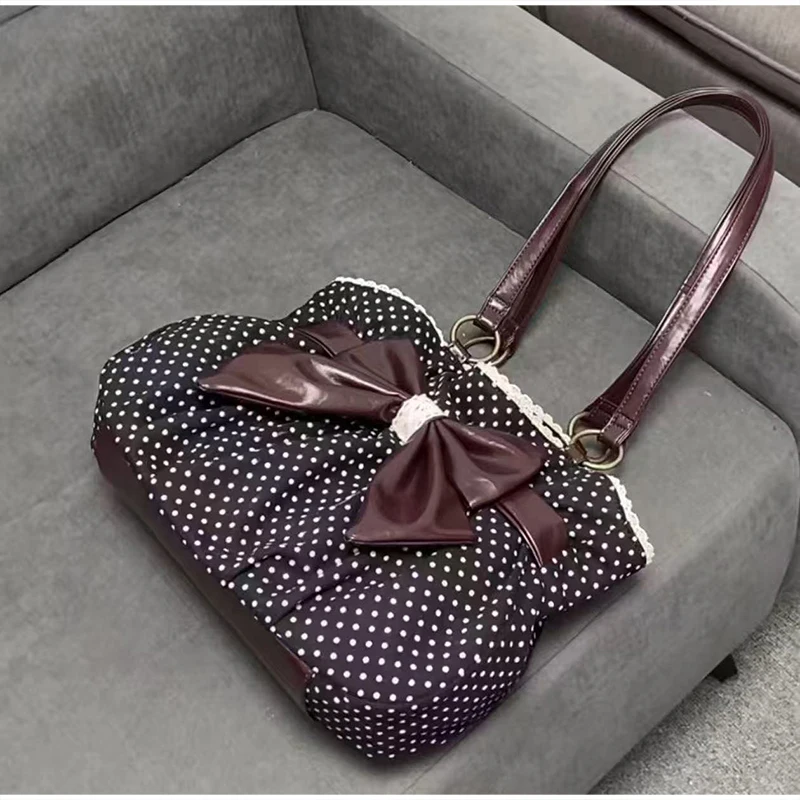 Vintage Polka Dot Bow Unterarm-Umhängetasche, japanische Retro-Damen-Einkaufstasche, Y2k-Lolita-Mädchen, leichte, mühelose, schicke Handtasche – Detail 8