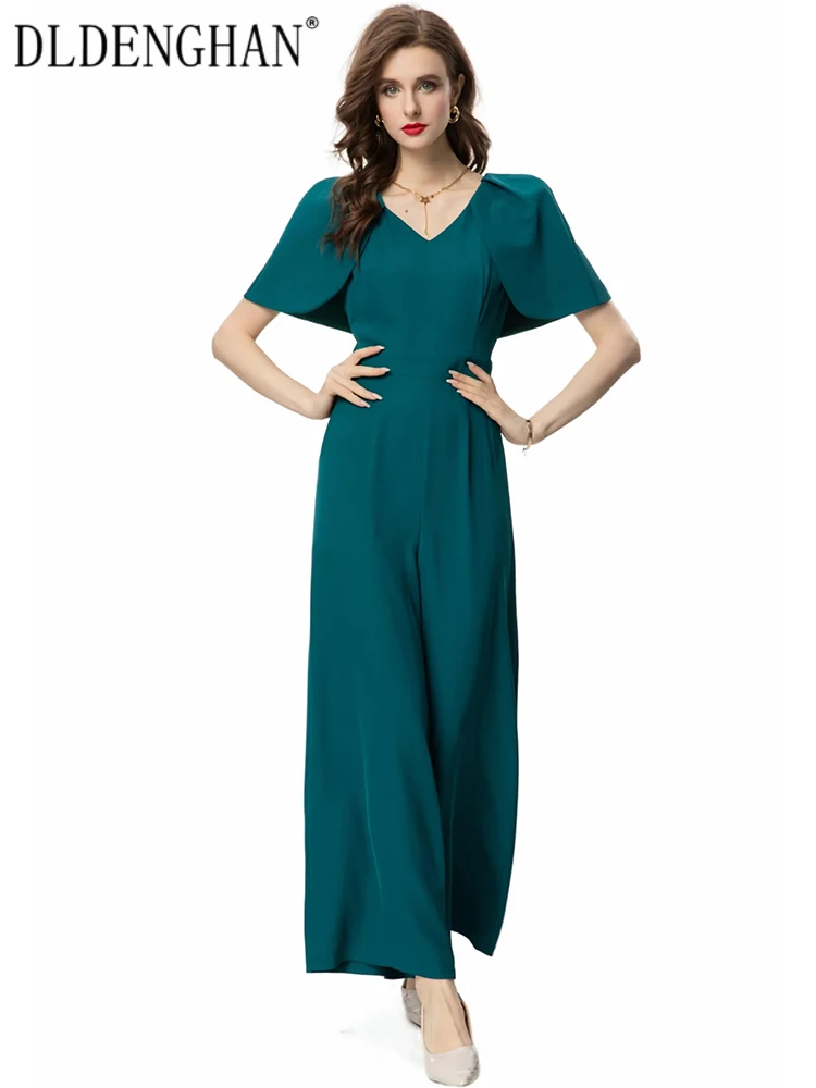 

DLDENGHAN Spring Jumpsuit Women's V-Neck Cloak Sleeves Pockets Solid Color Office Lady Wide leg pants Fashion Designer New