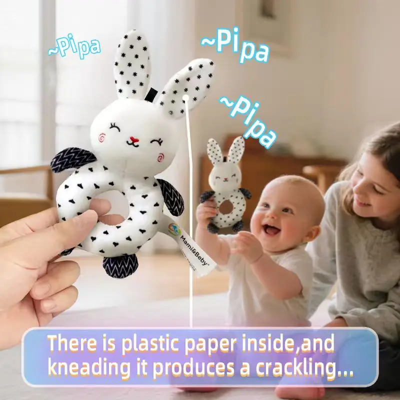 Baby Teething Rattle Toy with Squeaky Sound, Black and White Handheld Sensory Shaker for Newborn 0-12 Months, Cute Grip Ring for - 2