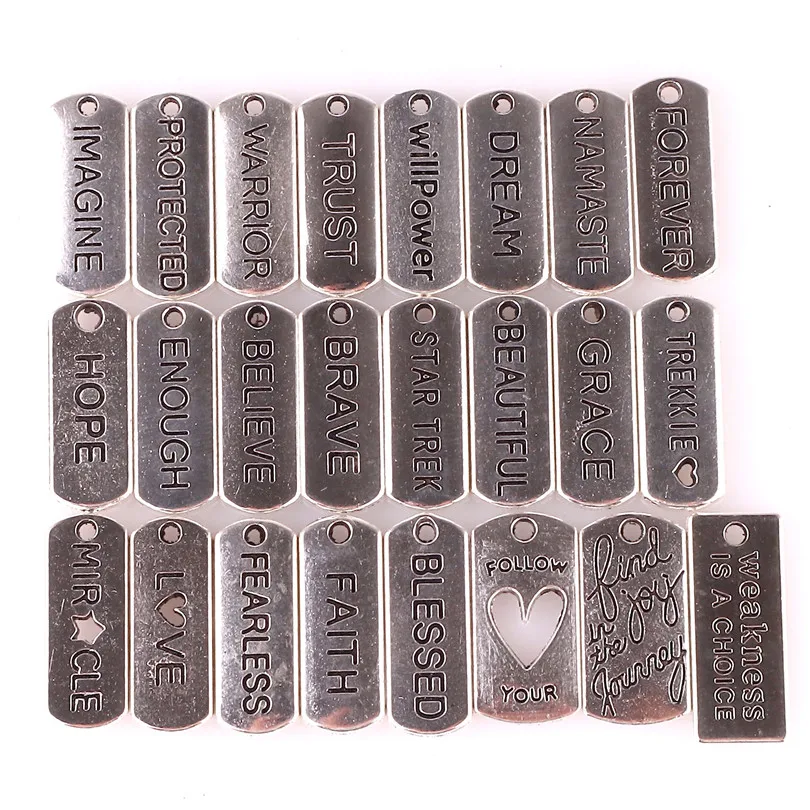 

24Pcs Mix Silver Color Brand Letters Dream Love Imagine Openwork Heart Charms Alloy Pendant For Jewelry Making DIY Accessories