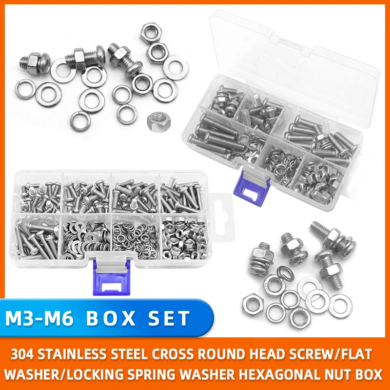 M3 M4 M5 M6 Cross Head Round Screws Spring Washer Flat Washer Bolt & Nut Assortment Kit for DIY, Furniture Assembly, Home Repair