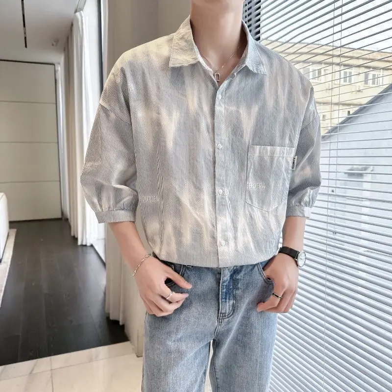 Elegant Fashion Harajuku Slim Fit Ropa Hombre Loose Casual Sport All Match Outerwear Printed Button Pockets Middle Sleeve Blusa
