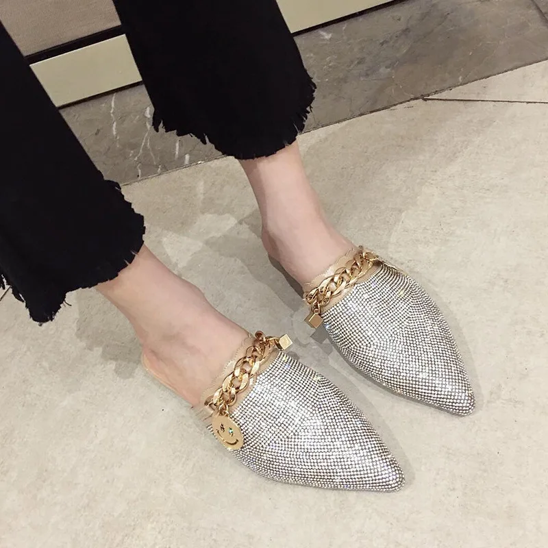 Pointed Toe Slippers Rhinestone Flat Sandals Shiny Metal Chain Women Evening Party Slides Shoes 2023 Summer Lady Half Slippers