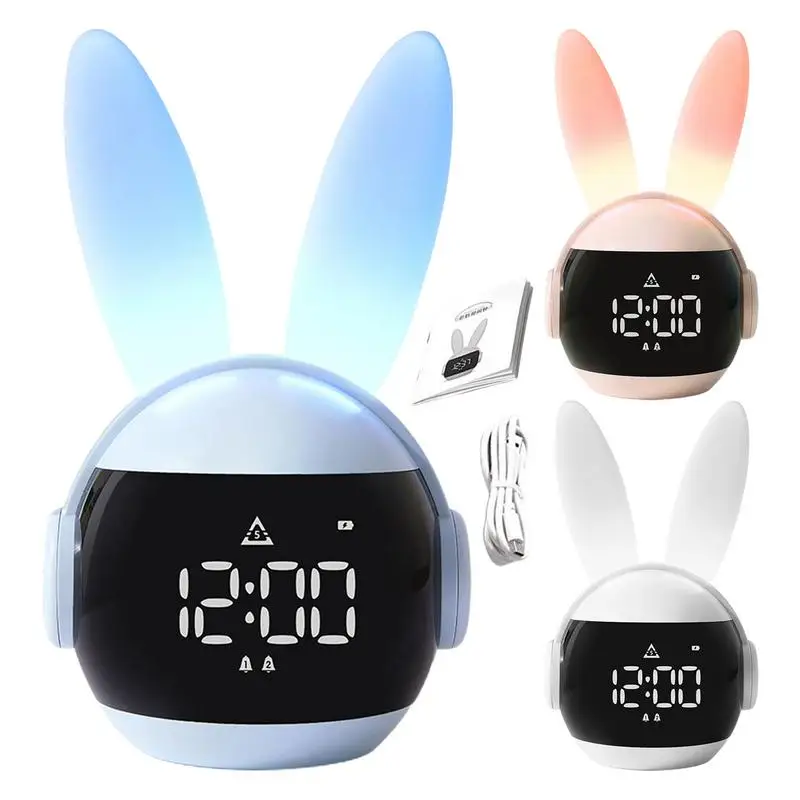 

Rabbit Alarm Clock Cute Shape Rainbow Animal Lamp Rechargeable Wake Up Clock MultiFunctional Clock For Bedroom Home Room Use
