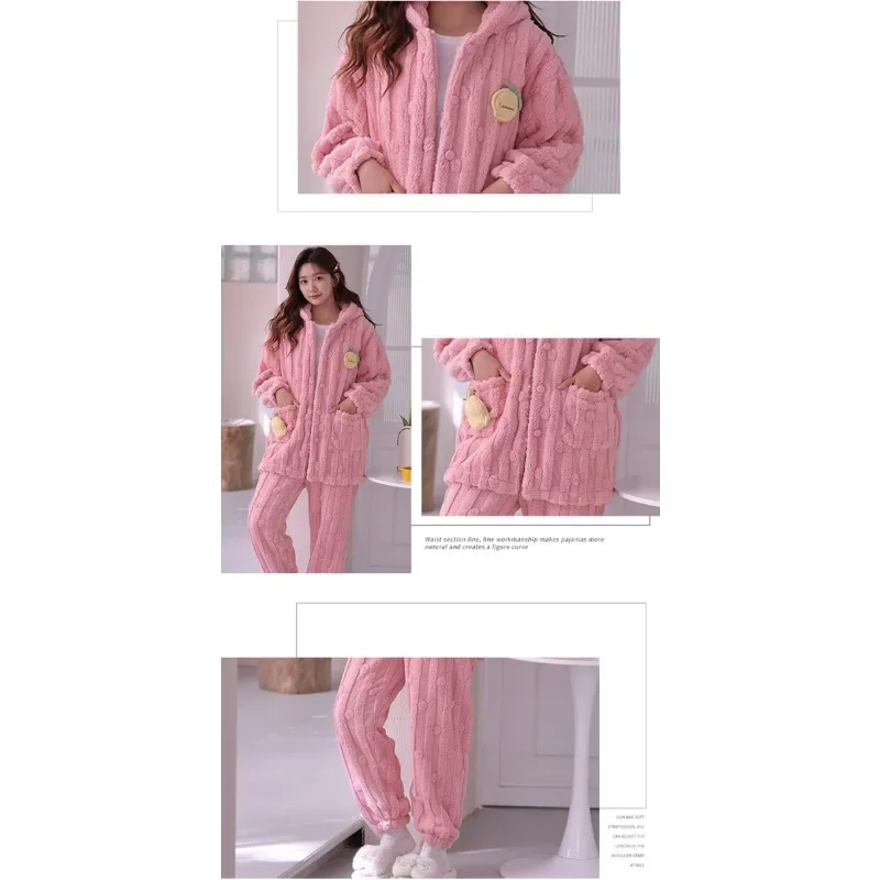 2024 New Coral Fleece Winter Pajamas Women's Long Sleeve Loungewear Velvet Thickened Warm Sleepwear Flannel Zipper Homewear Set