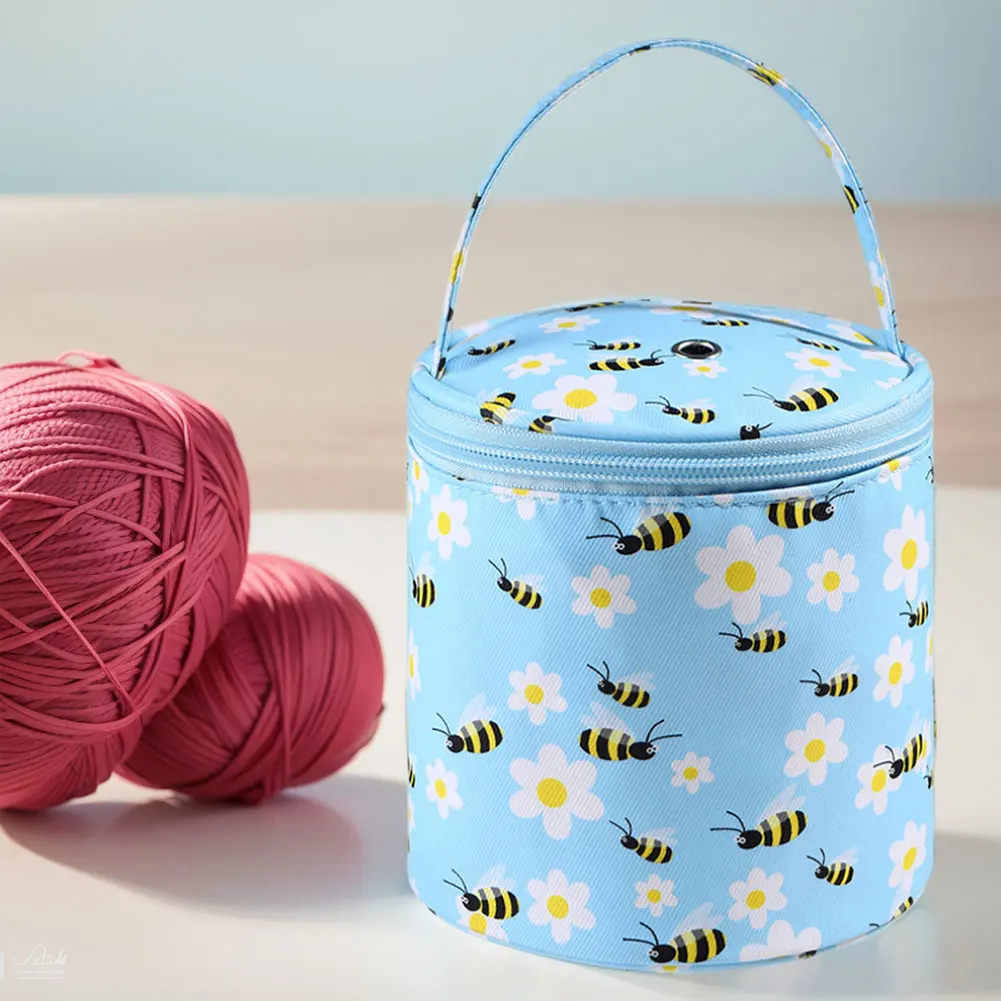 Oxford Yarn Holder Rose Pattern Yarn Storage Tote Bag with Handle Bucket Bag Short Perforated for Hooks Knitting Needles