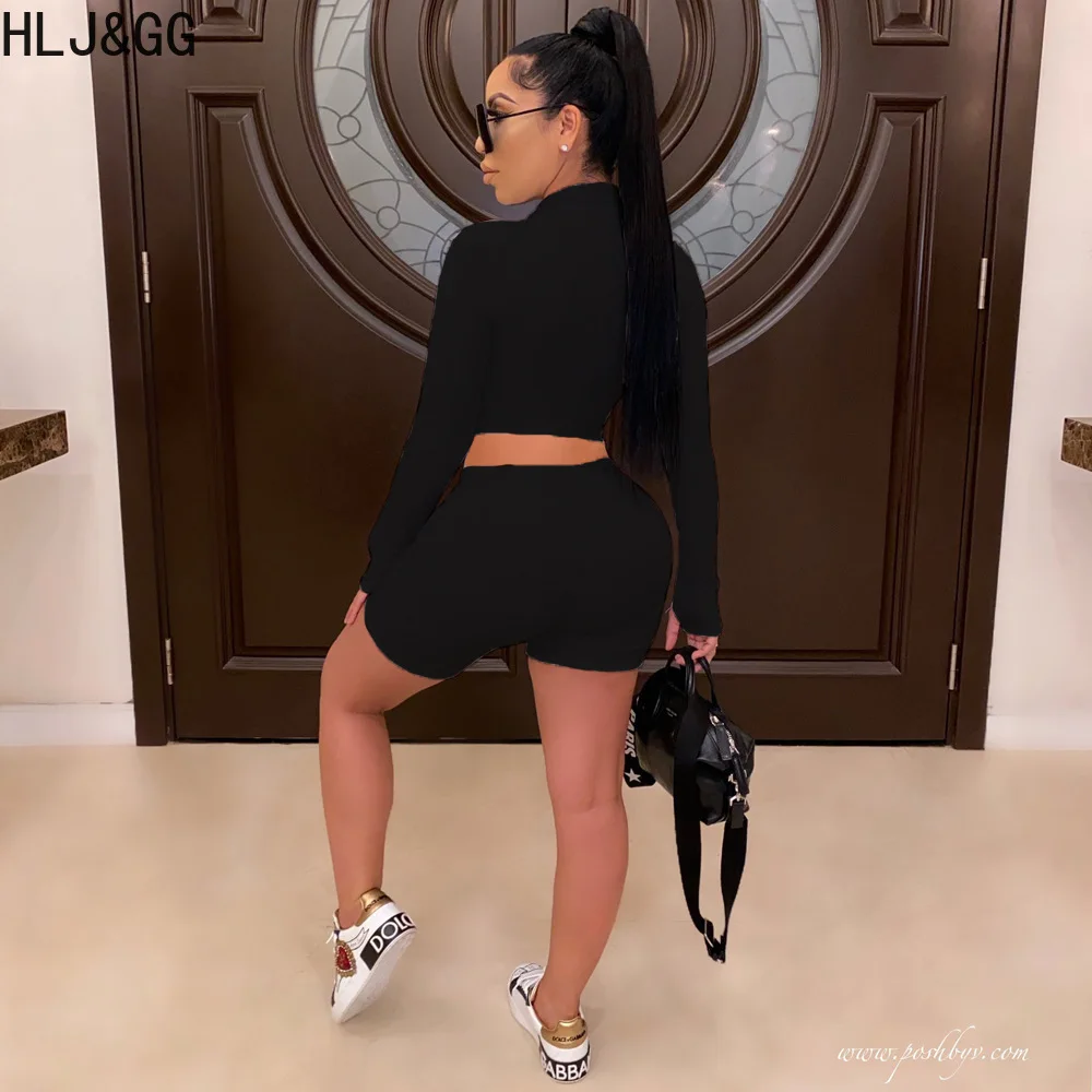 HLJ&GG Casual Solid Sporty Biker Shorts Two Piece Sets Women Zipper Long Sleeve Crop Top + Shorts Outfits Female 2pcs Tracksuits