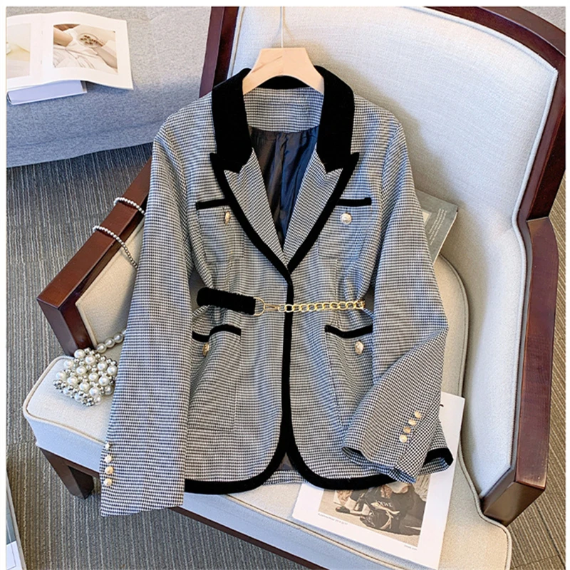 

Spring and Autumn Fashion New Style Splicing Slim High end Design Retro Thousand Bird Checker Waist Wrapped Suit For Women