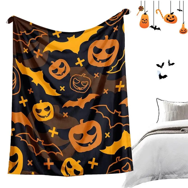 

Throw Blanket Halloween Decorative Spooky Lap Blanket With Pumpkin Bat Pattern Double-Sided Thickened Fleece Cozy And Warm