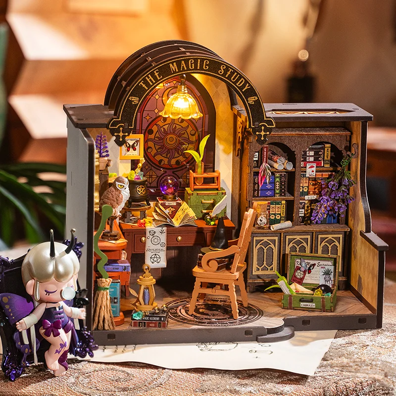 Robotime Rolife The Magic Study DIY Miniature House with Many Magic Note Books Dollhouse Decoration 3D Wooden Puzzle DG166 5