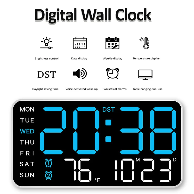 Digital Wall Clock LED Digital Wall Clock Voice Control Temperature Date Week Display Brightness Adjustment 12/24H Electronic Clock Home Decor