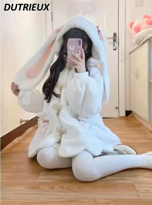 

2023 New Autumn Winter Japanese Style Soft Girl Cute Rabbit Ears Student Faux Lamb Coat Women Warm Fleece Thickened Furry Jacket