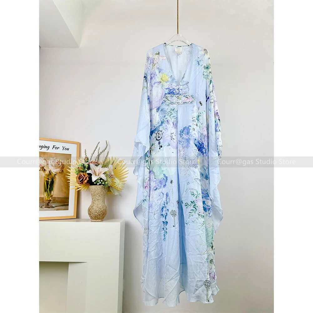 

Temperament Sexy V-Neck Printed Poncho Long V-Neck High Waist Silk Resort Style Dresses