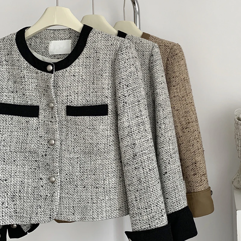 QOERLIN Quality Tweed Jacket Coat Women 2023 Fall Winter Long Sleeve Blazer Korean Fashion Single-Breasted Elegant Office Ladies