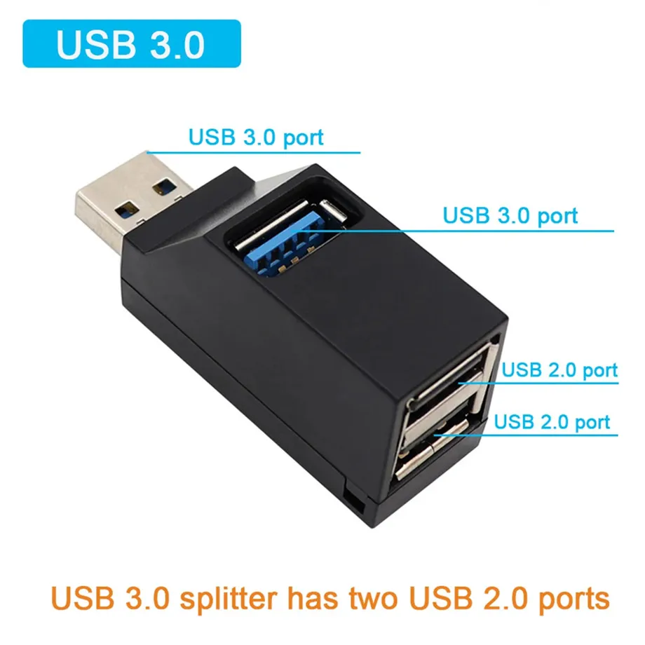 USB Hub 2.0 Adapter Rotate High Speed U Disk Reader Splitter 3 Ports USB 2.0 For