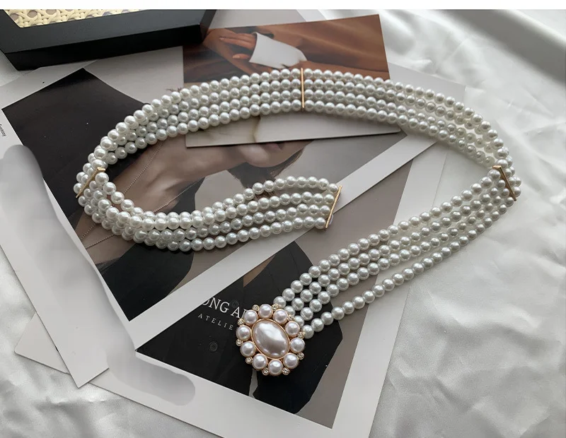 Korean Version Pearl Waist Chain Women's Belt Fashionable Dress Decorated With Rhinestone Elastic Bead Elastic Waistband Seal_voghion.com