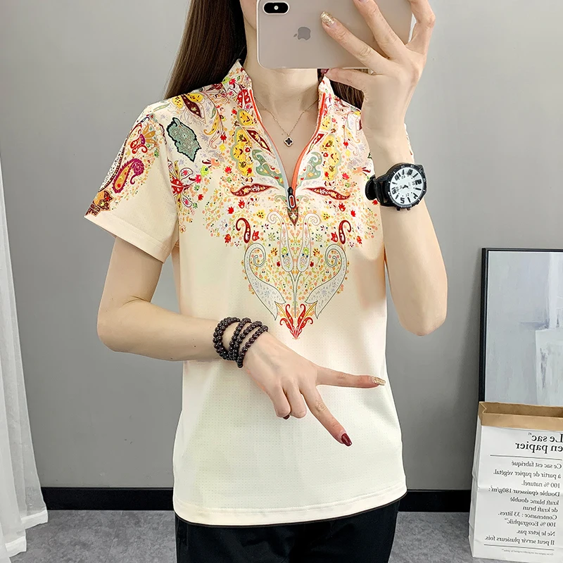 Women's Unique Print Outdoor Sports T-shirts Breathable Quick Dry Workout Shirt Running Hiking Camping Stand Collar Top Clothing