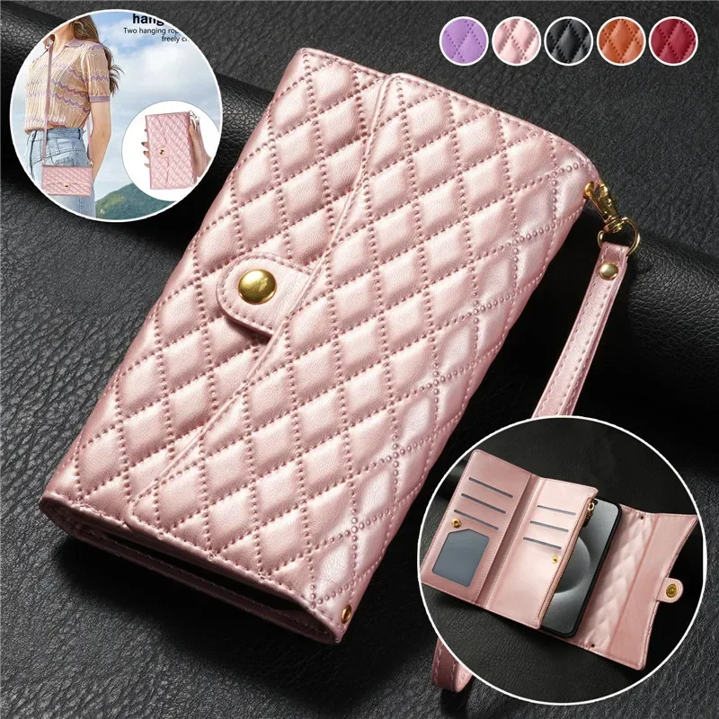 Crossbody Leather Zip Wallet Phone Case with Wrist Strap and Flip Cover