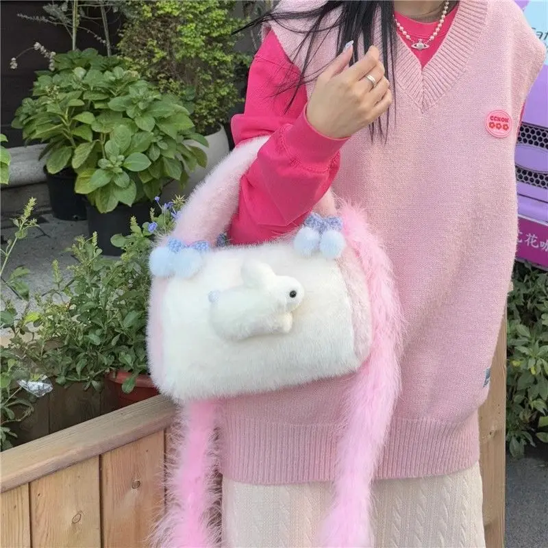 JIAERDI Harajuku Rabbit Y2k Messenger Bag Women Sweet Cute Plush White Hand Bag Purse Female Hot Girls Casual Crossbody Bag 2025