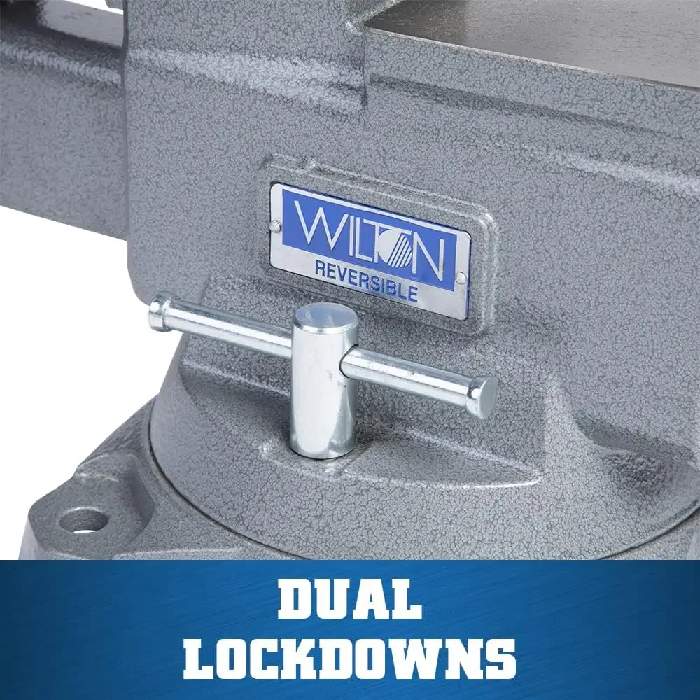 Reversible Bench Vise 8" Jaw Width 9-1/4" & 14-1/2" Jaw Opening, 4-3/4" Throat Dual lockdowns and a 360° swivel base 3