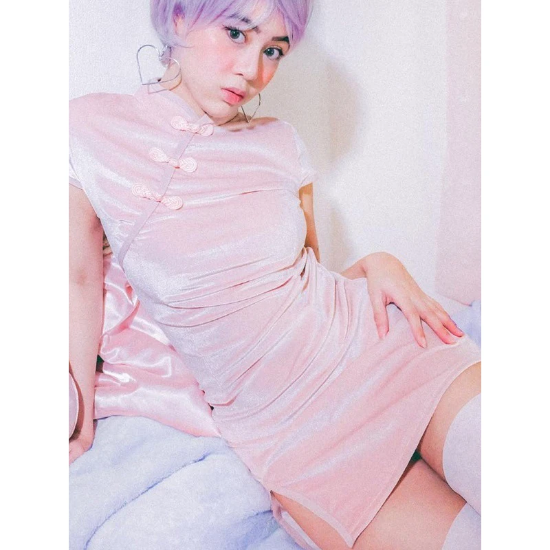 

Dark Cheongsam Chinese Style Skinny Mini Dress Streetwear Sexy Vintage Summer Women Clothing Slim