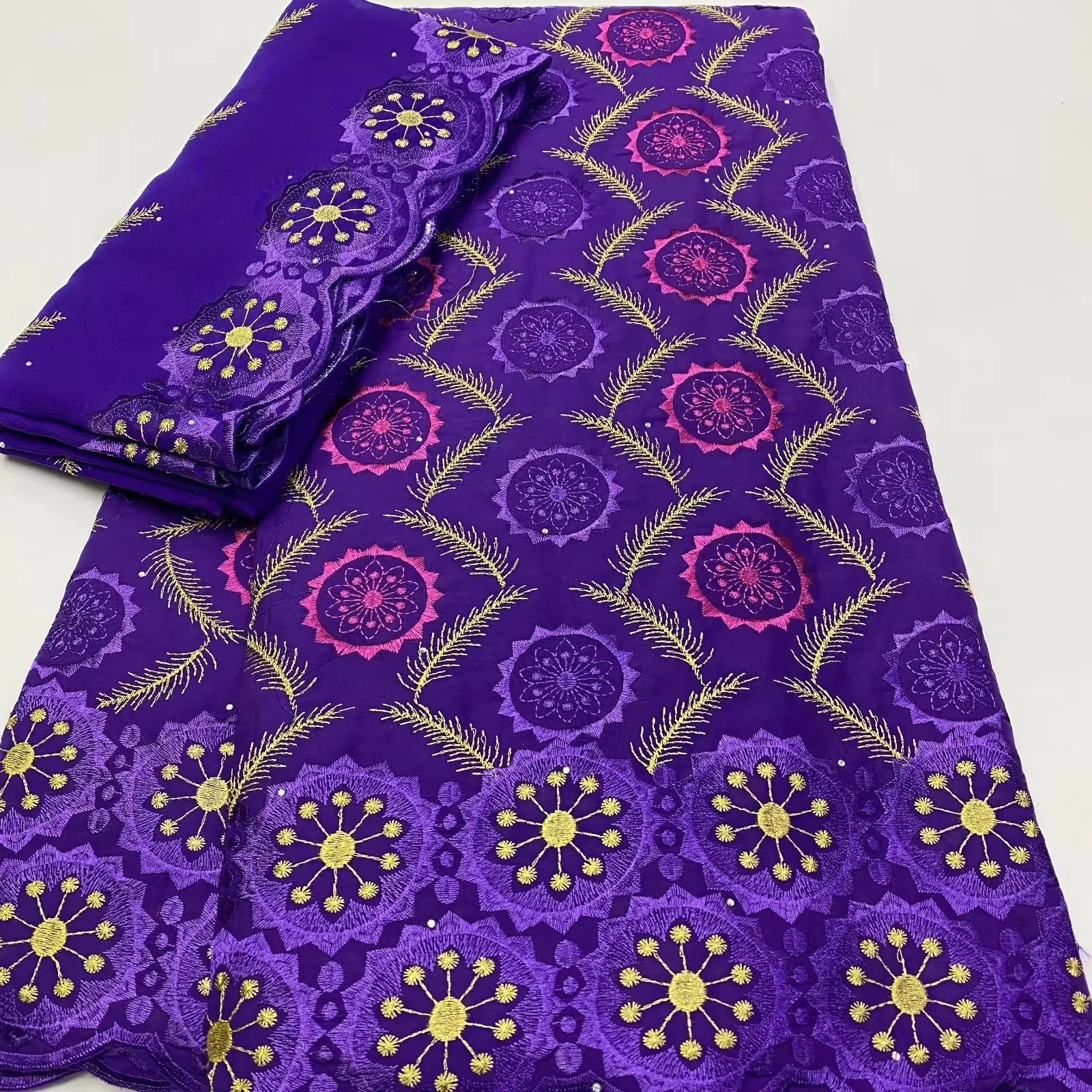 

Purple African Lace Fabric Swiss Voile Lace 2024 High Quality 100% Cotton Fabrics With Stones Embroidery Nigerian Party 5+2Yards