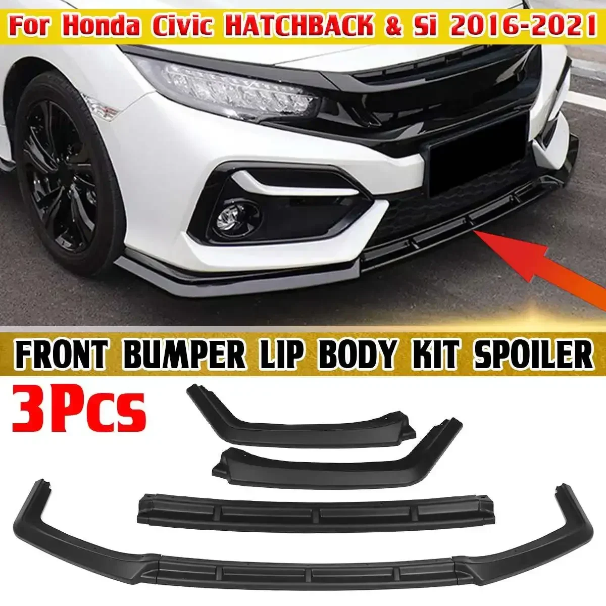 

New Car Front Bumper Splitter Lip Spoiler Diffuser Guard Cover Trim For Civic Hatchback & Si 2016 2017 2018 2019 2020 Body Kit